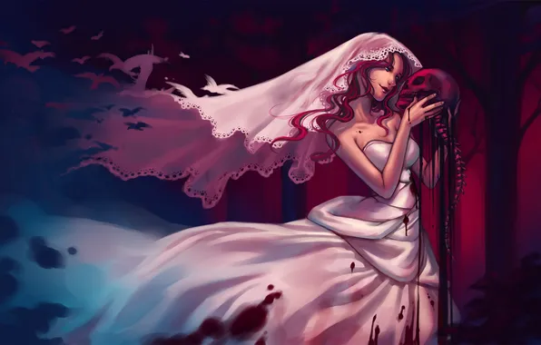 Girl, birds, blood, skull, art, bones, the bride, veil