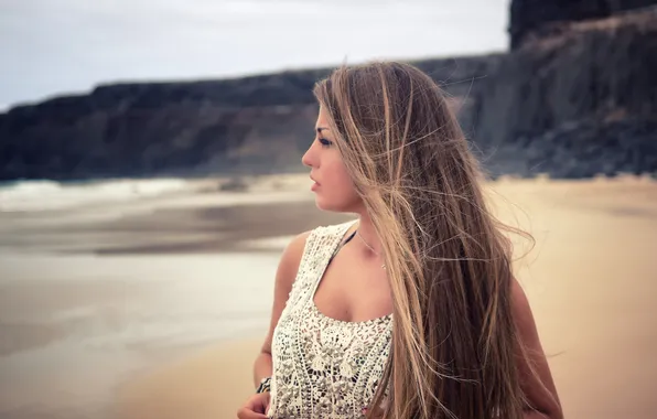 Picture wave, beach, eyes, girl, rocks, hair, lips, blouse