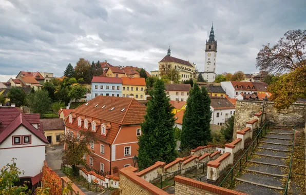 Autumn, leaves, clouds, trees, home, Czech Republic, ladder, Litomerice