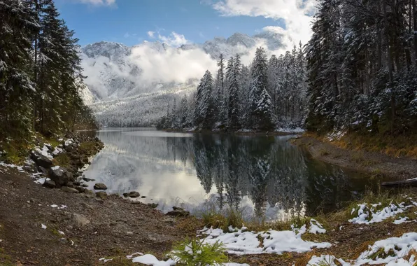 Picture clouds, snow, trees, landscape, mountains, nature, lake, stones