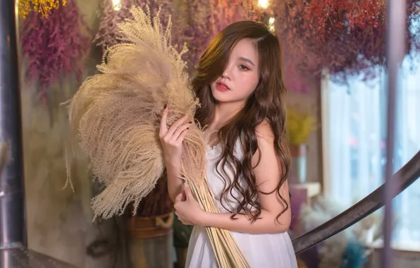 Girl, bouquet, Asian, cutie