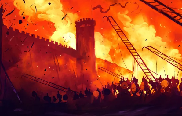 Figure, Fire, War, Battle, Fantasy, Fortress, Art, Wall