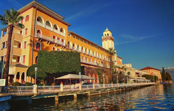 Water, lake, palm trees, the building, Italy, promenade, Italy, Lombardy
