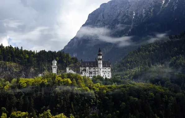 Forest, mountains, castle, Germany, Neushwanstein