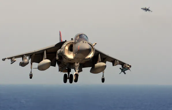 Sea, The plane, Fighter, Day, UK, USA, Aviation, Harrier