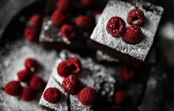 Berries, raspberry, the dark background, table, blur, plate, pie, cake