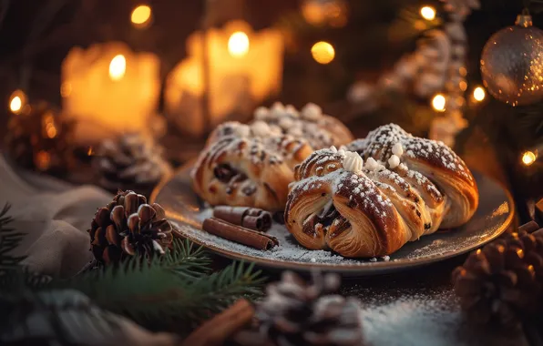 Light, lights, table, candles, plate, Christmas, New year, bread