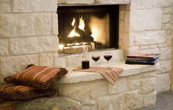 Wine, romance, books, pillow, glasses, fireplace