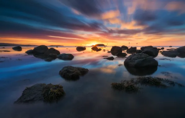 Picture the sky, clouds, sunset, reflection, stones, pond