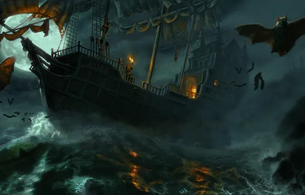 Picture sea, night, storm, people, ship, vampires, mouse, volatile