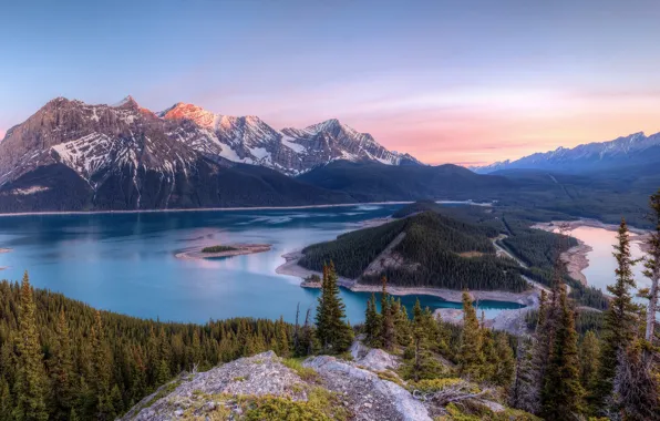 Wallpaper mountains, island, shore, pond, forest