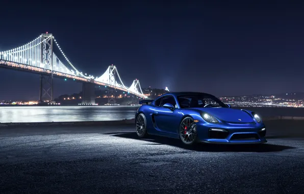 Picture Porsche, Cayman, Car, Blue, Front, Bridge, Night, Sport