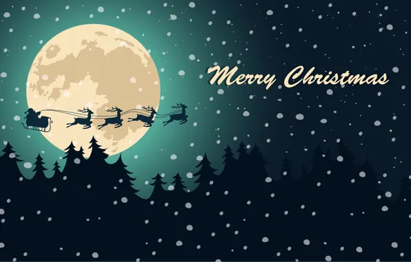 Picture Winter, Night, The moon, Christmas, New year, Santa Claus, Deer, Merry Christmas