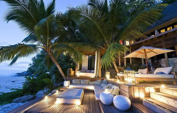 Beach, palm trees, the ocean, Villa, the evening, lighting, Seychelles, terrace