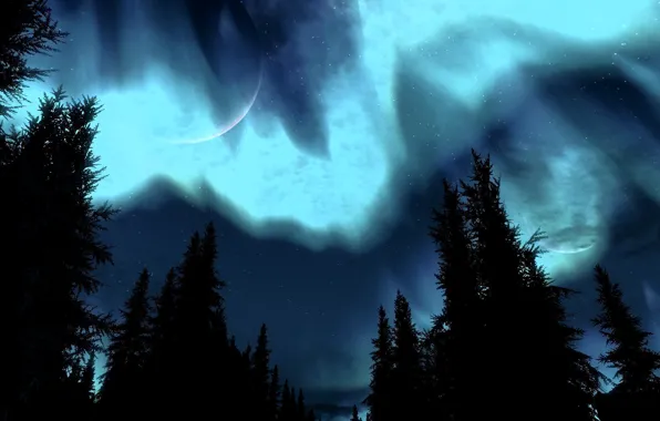 Aurora, night, Skyrim, brightness