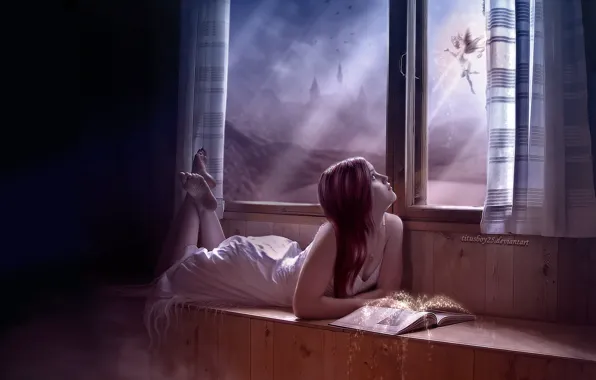 Girl, magic, fairy, window, book, star dust