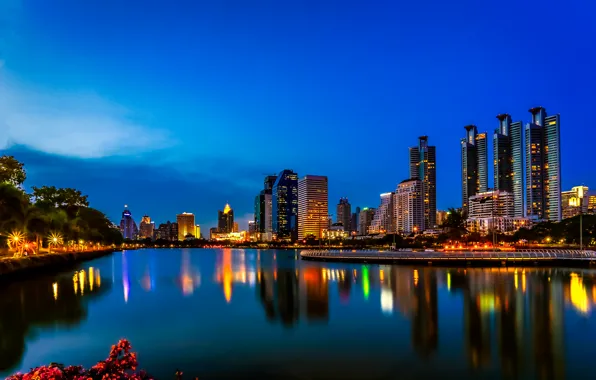 Night, lights, lake, reflection, mirror, horizon, Thailand, Bangkok
