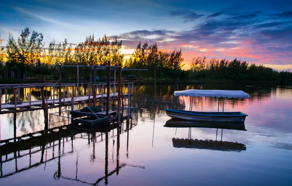 Picture the sky, clouds, trees, sunset, reflection, river, shore, boat