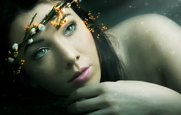 Green eyes, women, rendering, faces, rose lips, tiaras