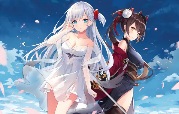 Sexy, cleavage, thighhighs, sky, long hair, dress, girls, brown hair