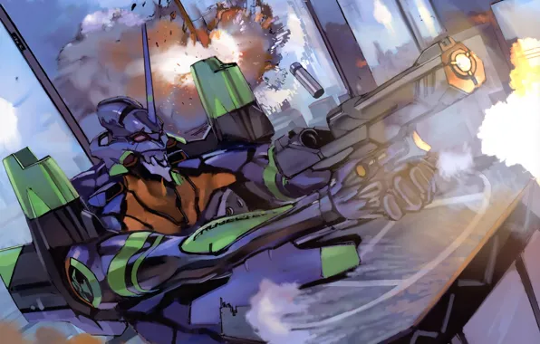 Fire, attack, shot, armor, the battle, neon genesis evangelion, Evangelion, Evangelion