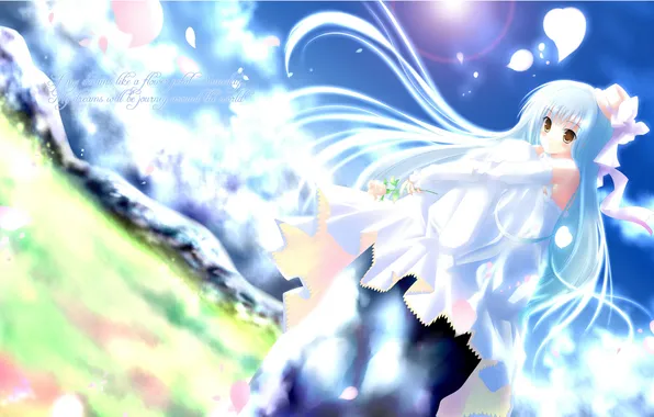 The sky, eyes, look, girl, the sun, clouds, flowers, hair