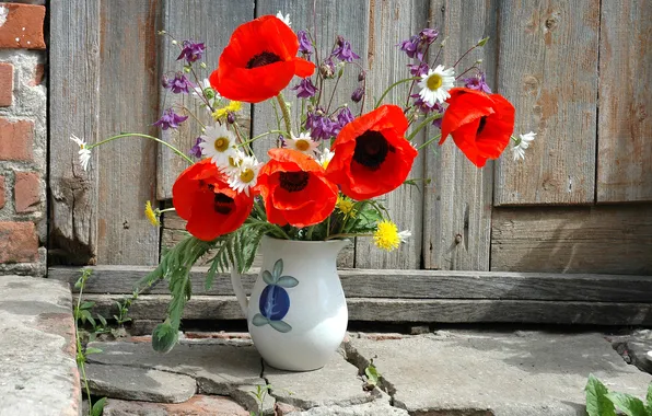 Picture flowers, Wallpaper, the fence, vase