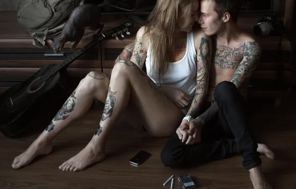 Girl, tattoo, guy, cigarette