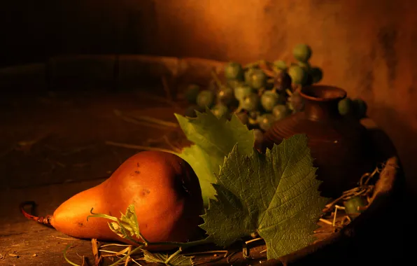 Leaves, grapes, pear, pitcher