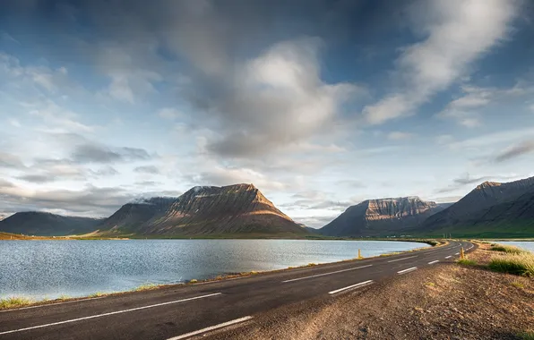 Road, mountains, Iceland, Fjords