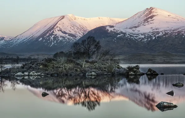 Pink, winter, mountain, sunrise, Scotland, Glencoe, Lochan