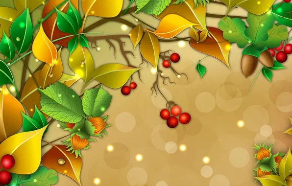 Picture leaves, berries, vector, branch, nuts