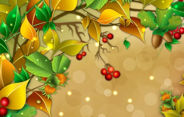 Leaves, berries, vector, branch, nuts