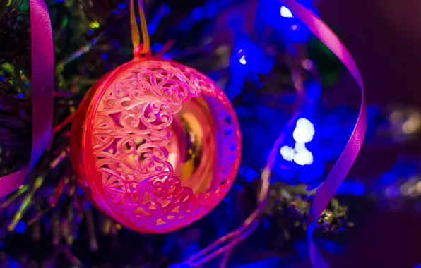 Lights, ball, New year, Tree, bokeh