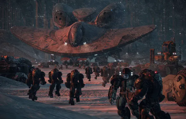 Snow, future, weapons, technique, soldiers, armor, evacuation, starship