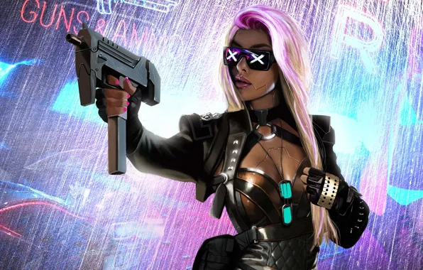 Picture girl, weapons, fiction, glasses, blonde, sci-fi, Cyberpunk