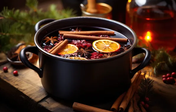 The dark background, table, oranges, Christmas, New year, pan, drink, cinnamon