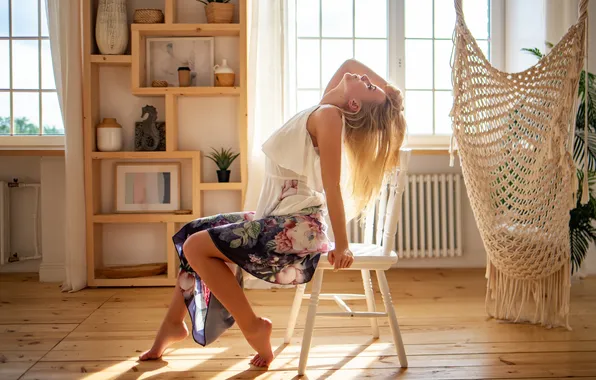 Girl, pose, hands, dress, blonde, chair, hammock, closed eyes