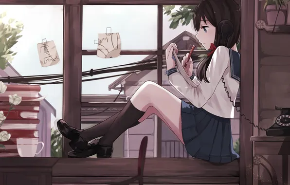 Girl, anime, window, art, phone, pencil, form, schoolgirl