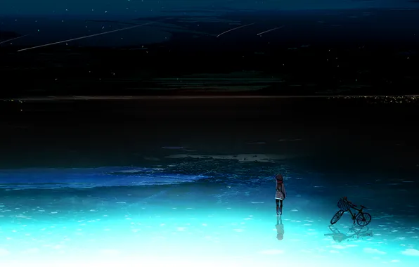 Night, bike, the city, lights, scarf, art, girl, rushka