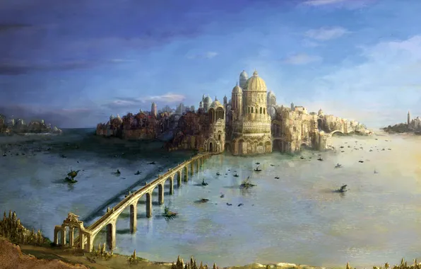 Picture water, bridge, lake, castle, ships, art, fortress, arch