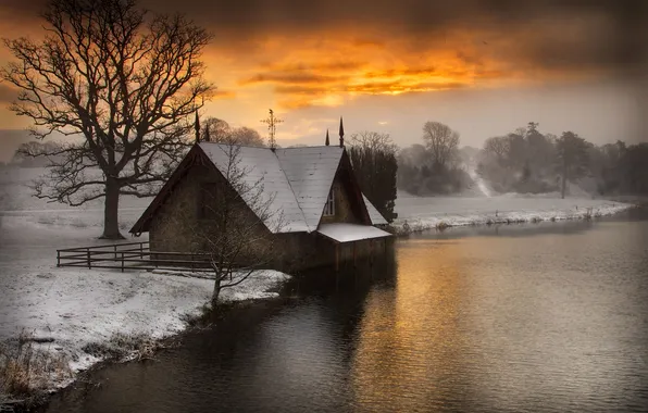 House, river, trees, sunset, winter, snow, fog, reflection