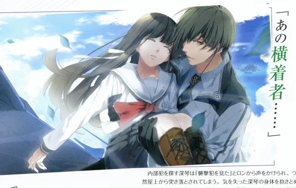 Characters, emblem, school uniform, visual novel, holding a, mikoto kuga, azuma natsuhiko, NORN9