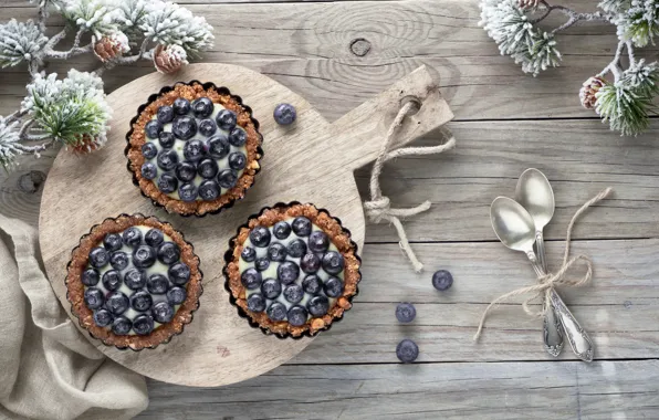 Picture blueberries, pie, spoon, cream, dessert, cutting Board, Anya Ivanova