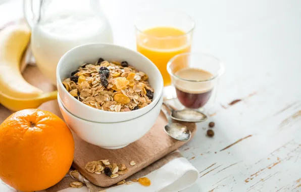 Coffee, orange, food, Breakfast, milk, juice, banana, fresh