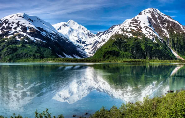 Forest, snow, mountains, lake, reflection, shore, tops, pond