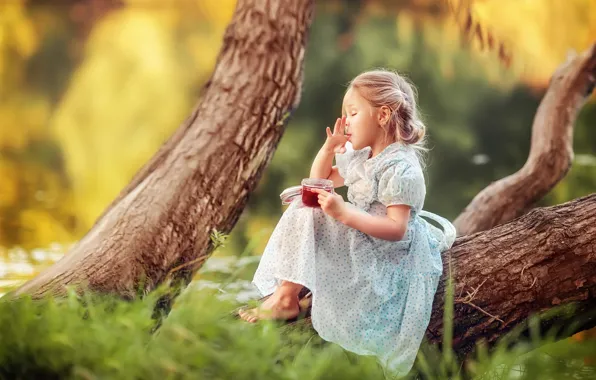 Picture summer, trees, nature, trunks, barefoot, dress, girl, Bank