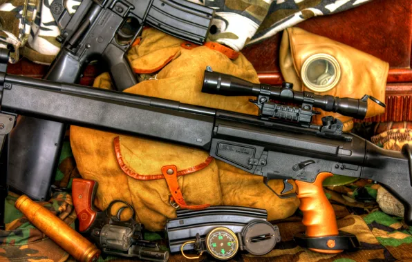 Gas mask, camouflage, revolver, backpack, compass, sleeve, sniper rifle, assault rifle