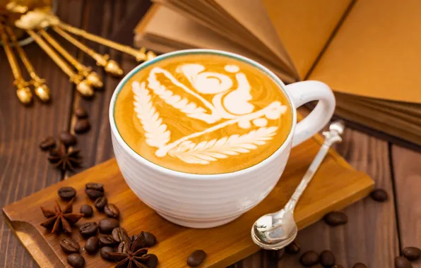 Figure, coffee, grain, spoon, Cup, book, foam, spices