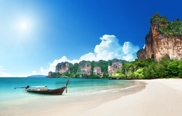Picture sea, rocks, shore, boat